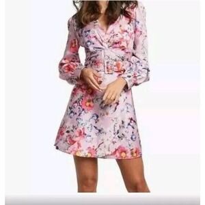 BARDOT Spring Floral V-Neck Twist Belted Long Sleeve Satin Mini Dress Size 4 NWT